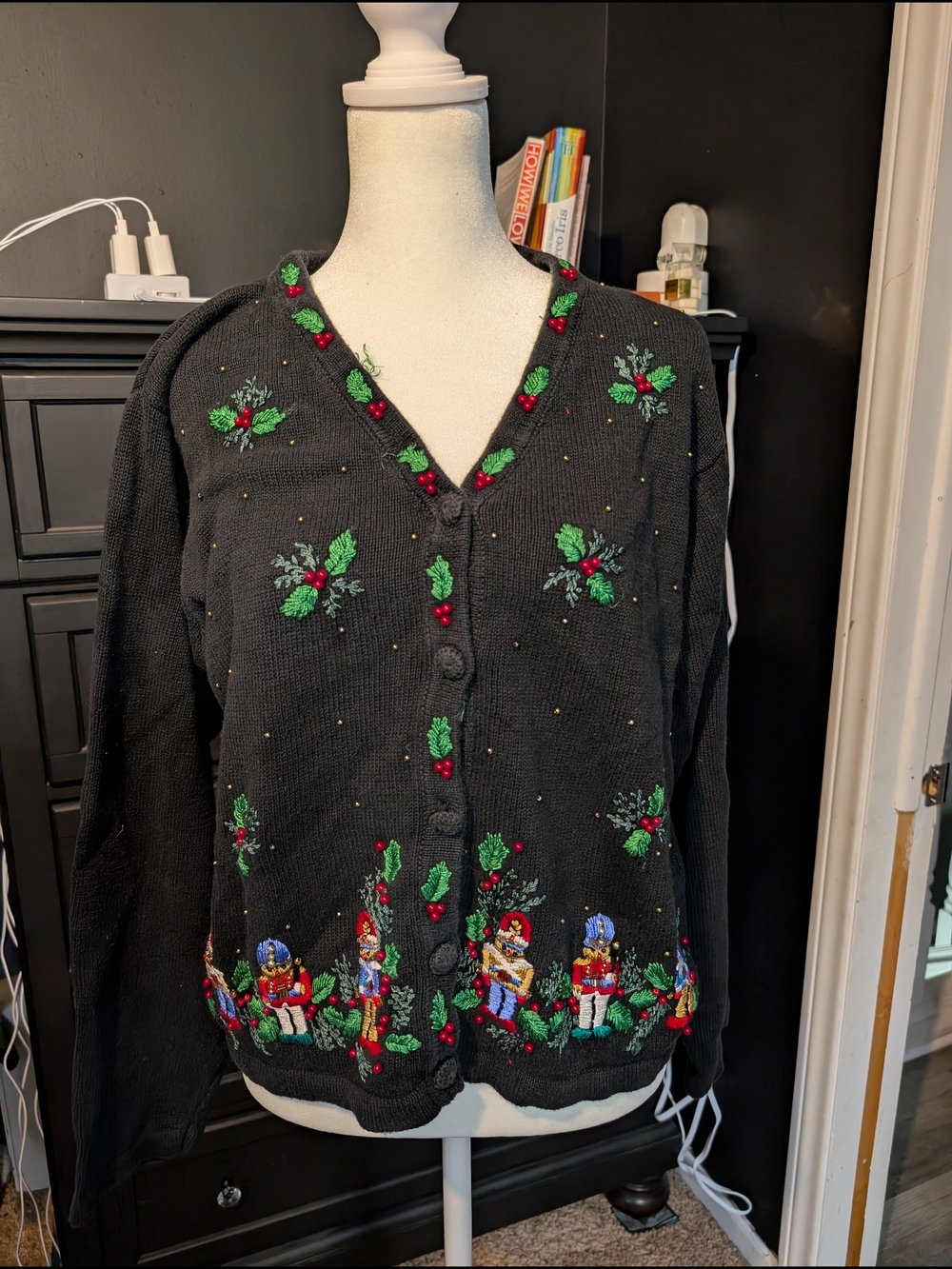 Black Embroidered Holiday Button-Up Cardigan Sweater